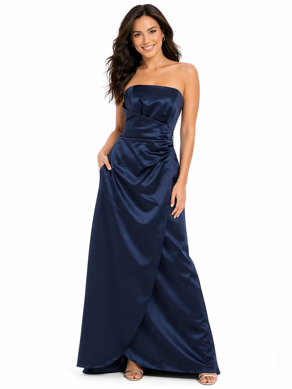 David's Bridal: Navy Blue Long Length Formal With Crystal Side Piece Size 4